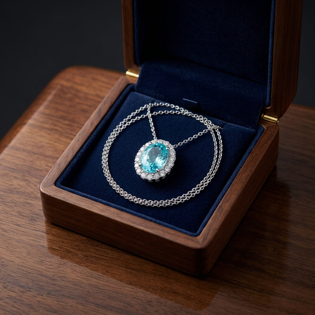 Aquamarine And Diamond Oval Halo Slide Pendant In 14k White Gold (8x6mm Center) — gift presentation
