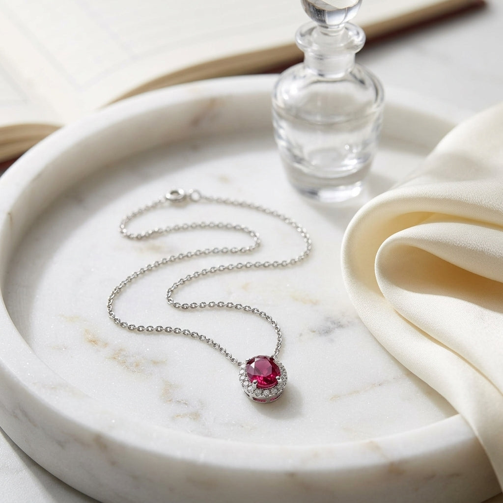 Rhodolite Garnet & Diamond Oval Halo Slide Pendant 18-20in Adjustable Chain in 14K White Gold - editorial hero