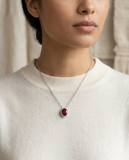 Rhodolite Garnet & Diamond Oval Halo Slide Pendant 18-20in Adjustable Chain in 14K White Gold - lifestyle