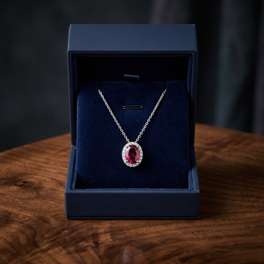Rhodolite Garnet & Diamond Oval Halo Slide Pendant 18-20in Adjustable Chain in 14K White Gold - presentation