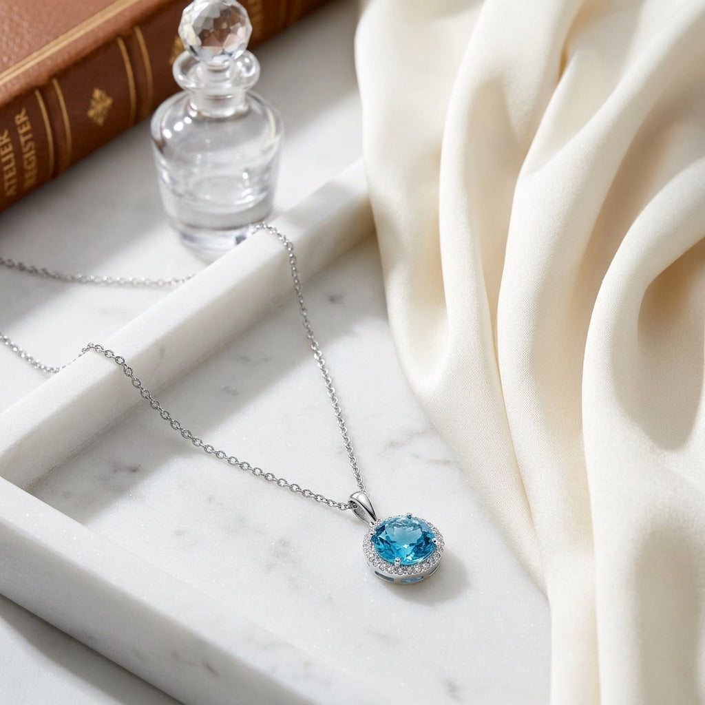 Blue Topaz And Diamond Round Halo Pendant With Solid Bail In 14k White Gold (10mm Center) — atelier still life