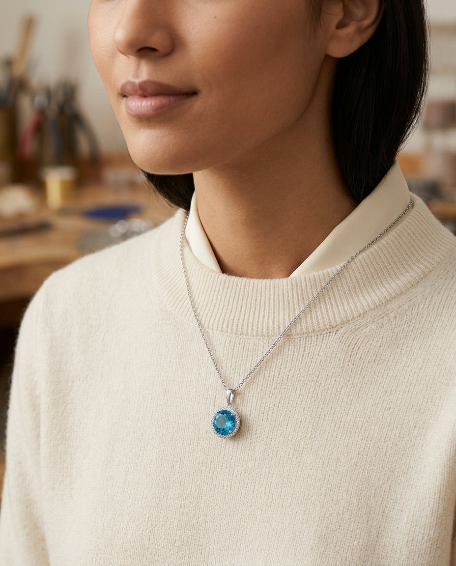 Blue Topaz And Diamond Round Halo Pendant With Solid Bail In 14k White Gold (10mm Center) — editorial close-up