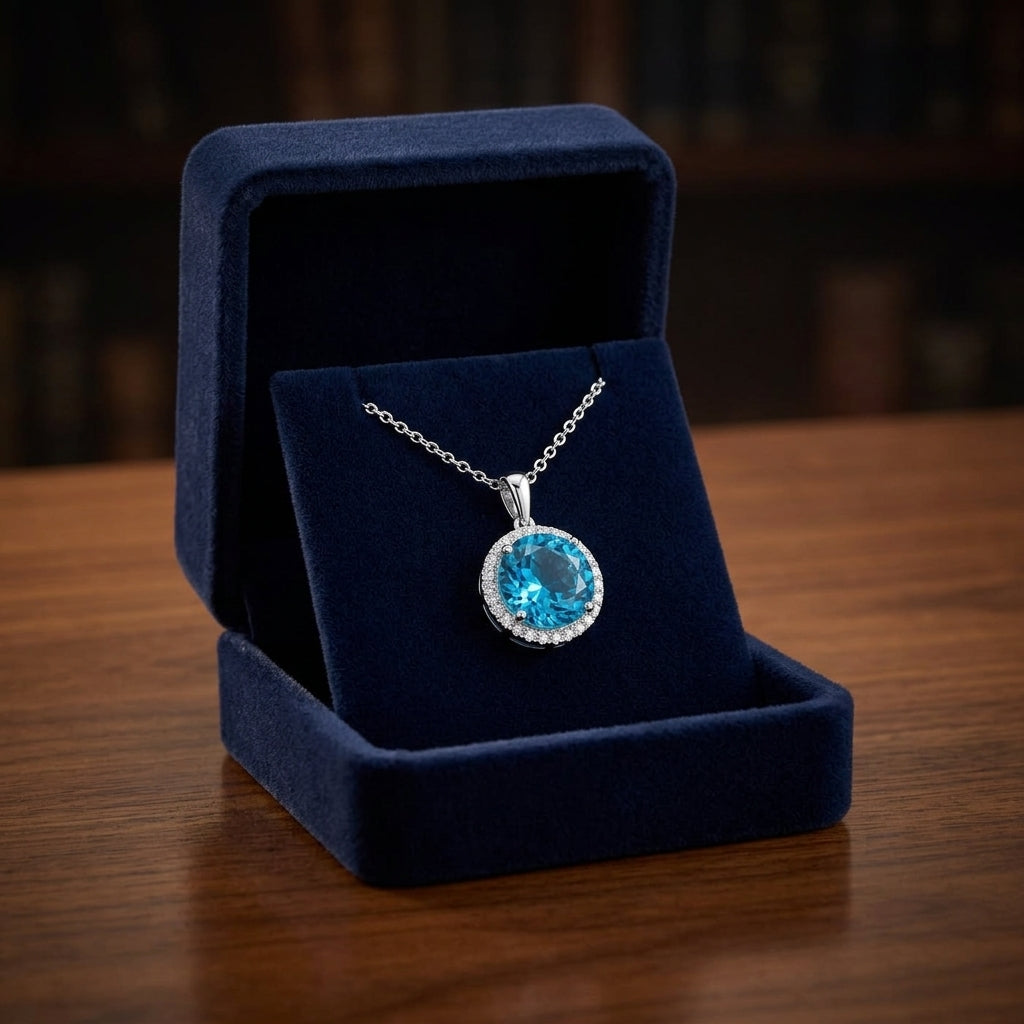 Blue Topaz And Diamond Round Halo Pendant With Solid Bail In 14k White Gold (10mm Center) — gift presentation