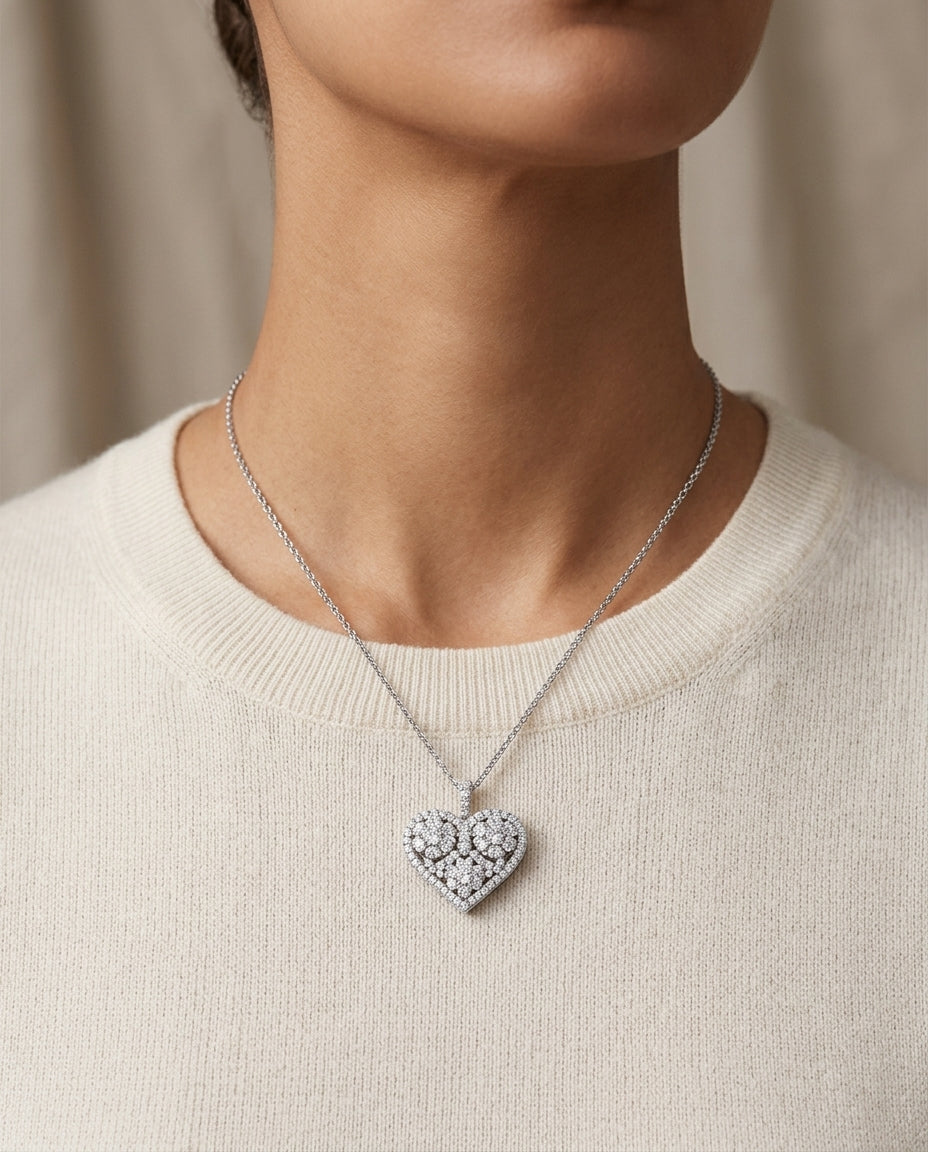 Three Cluster Heart Pendant In 14k White Gold — editorial close-up