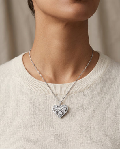 Three Cluster Heart Pendant In 14k White Gold — editorial close-up