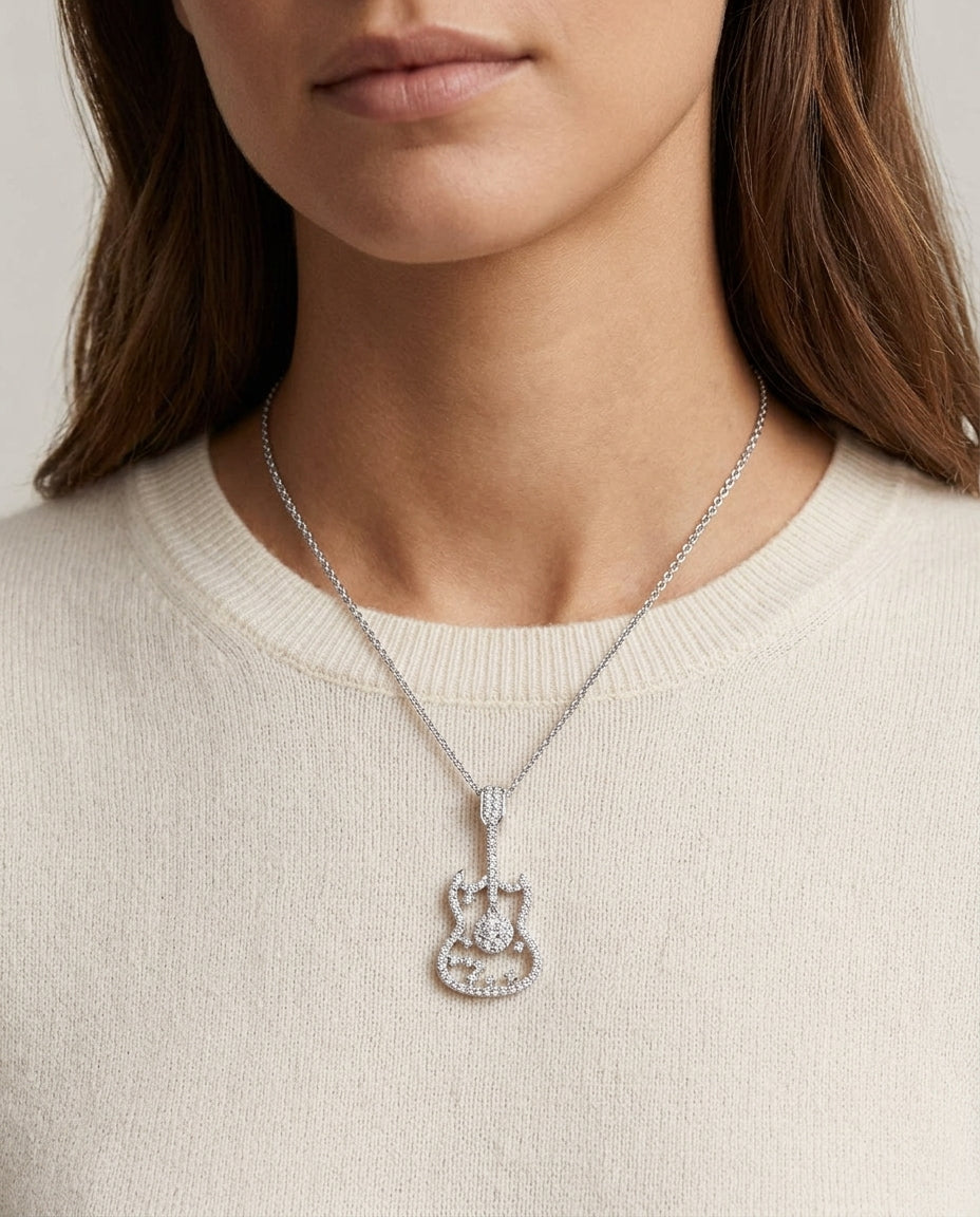 Diamond Guitar Pendant In 14k White Gold — editorial close-up