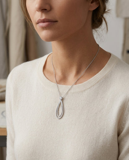 Diamond Elongated Tear Drop Pendant In 14k White Gold — editorial close-up