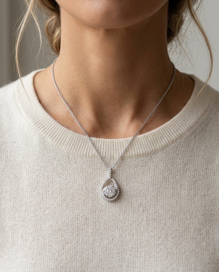 Diamond Tear Drop Basket Pendant In 14k White Gold — editorial close-up
