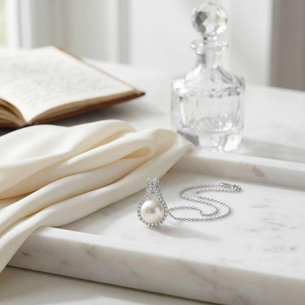Fresh Water Pearl And Diamond Halo Pendnat In 14k White Gold — atelier still life