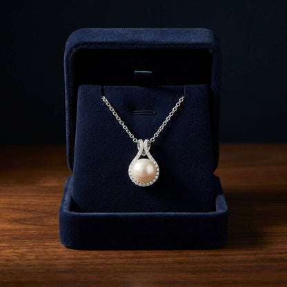 Fresh Water Pearl And Diamond Halo Pendnat In 14k White Gold — gift presentation