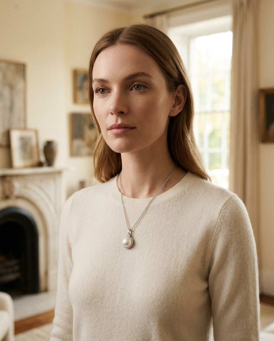 Fresh Water Pearl And Diamond Halo Pendnat In 14k White Gold — portrait full