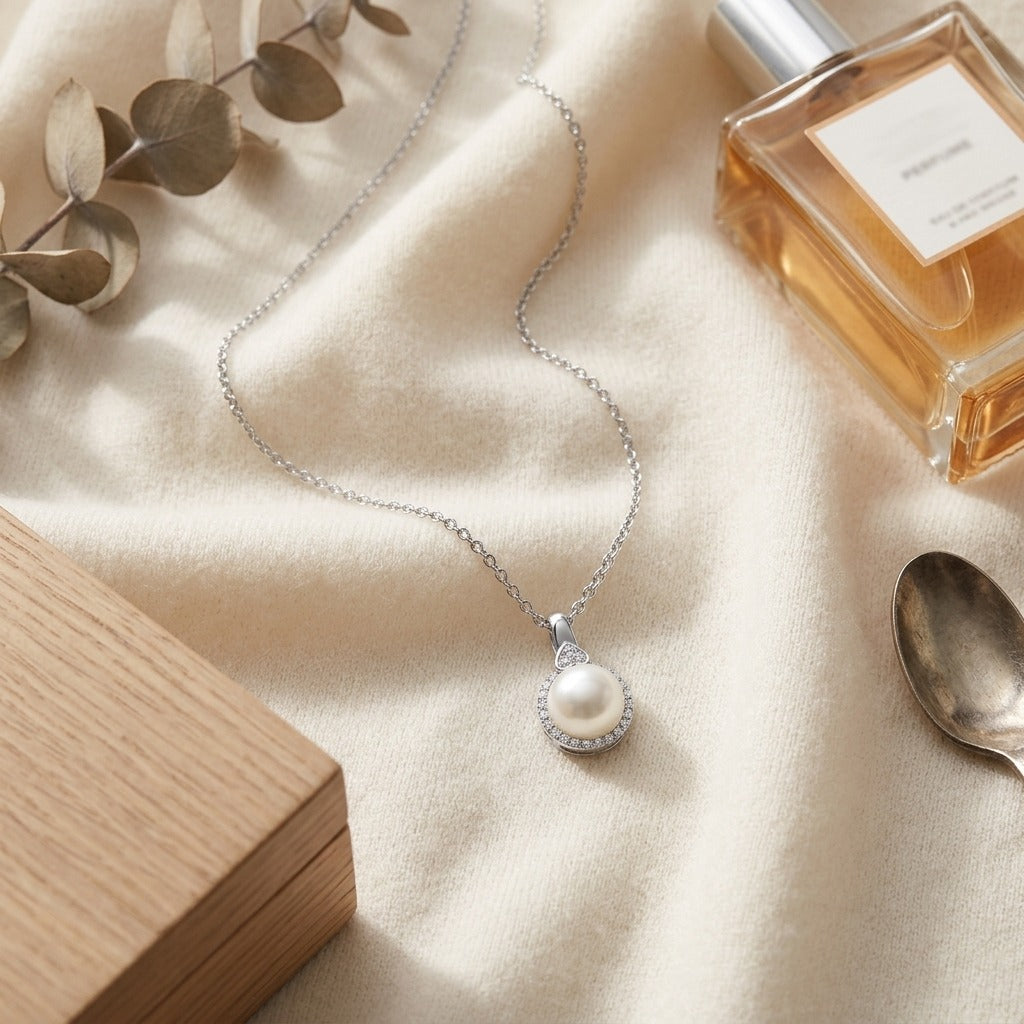 Fresh Water Pearl And Diamond Halo Pendnat In 14k White Gold — textile flat lay