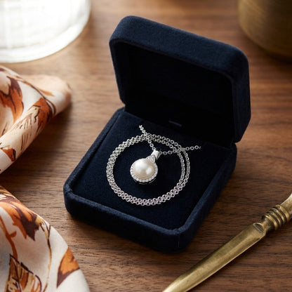Fresh Water Pearl And Diamond Halo Pendnat In 14k White Gold — velvet box