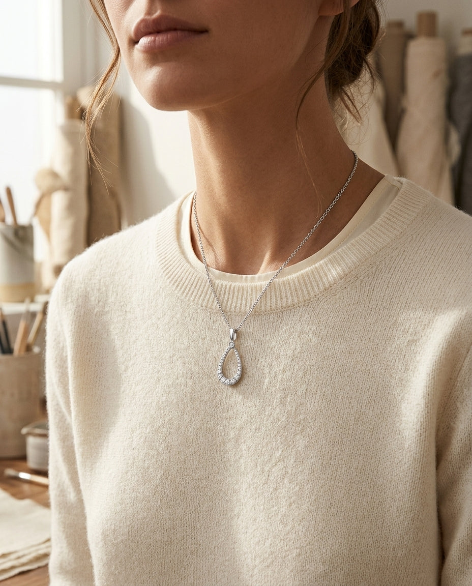 Diamond Tear Drop Pendant In 14k White Gold — editorial close-up