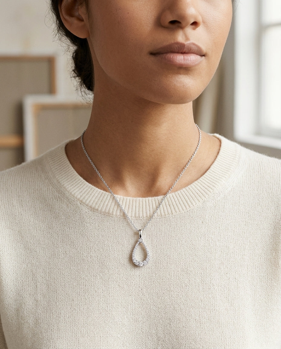 Diamond Tear Drop Pendant In 14k White Gold — editorial close-up