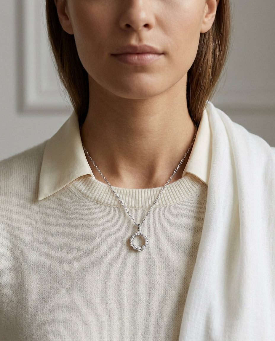 Diamond Graduated Circle Diamond Pendant In 14k White Gold — editorial close-up