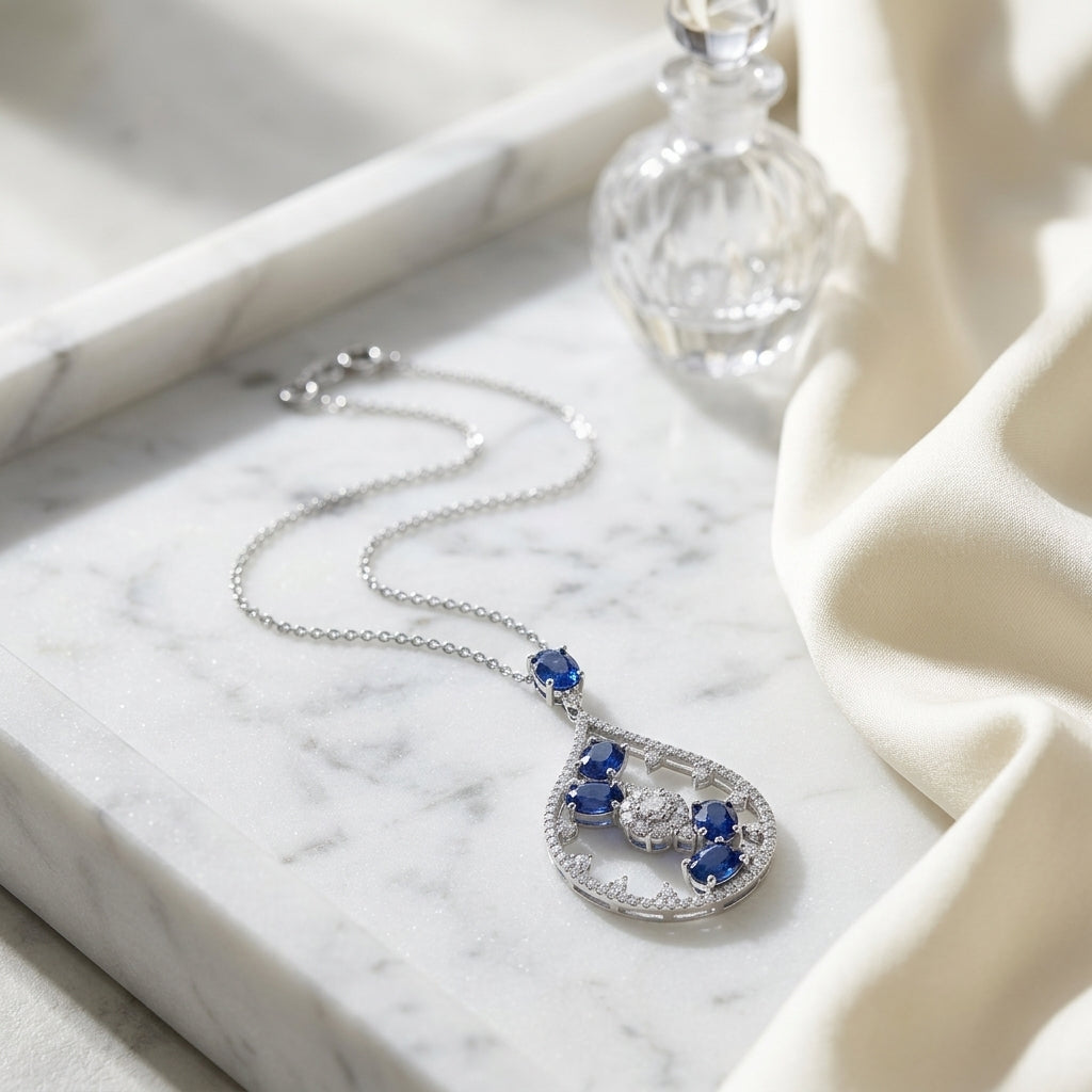 Sapphire And Diamond Cascade Tear Drop Pendant In 14k White Gold (si) — atelier still life