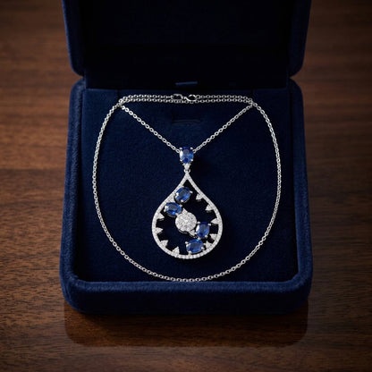 Sapphire And Diamond Cascade Tear Drop Pendant In 14k White Gold (si) — gift presentation