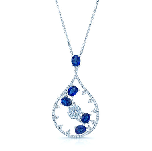 Sapphire And Diamond Cascade Tear Drop Pendant In 14k White Gold (si)