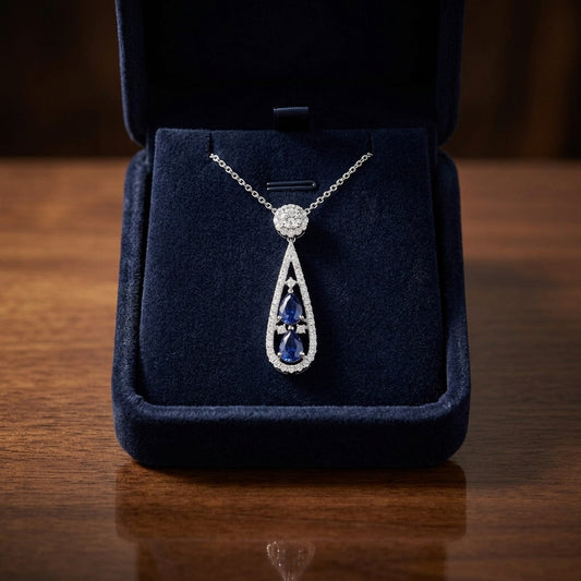 Sapphire And Diamond Tear Drop Pendant In 14k White Gold (si) — gift presentation
