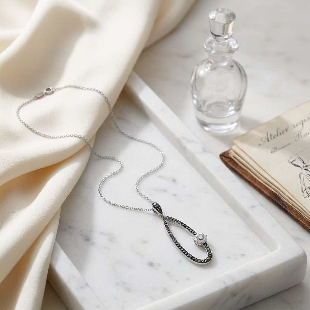 Black And White Diamond Long Tear Drop Pendant In 14k White Gold (si) — atelier still life