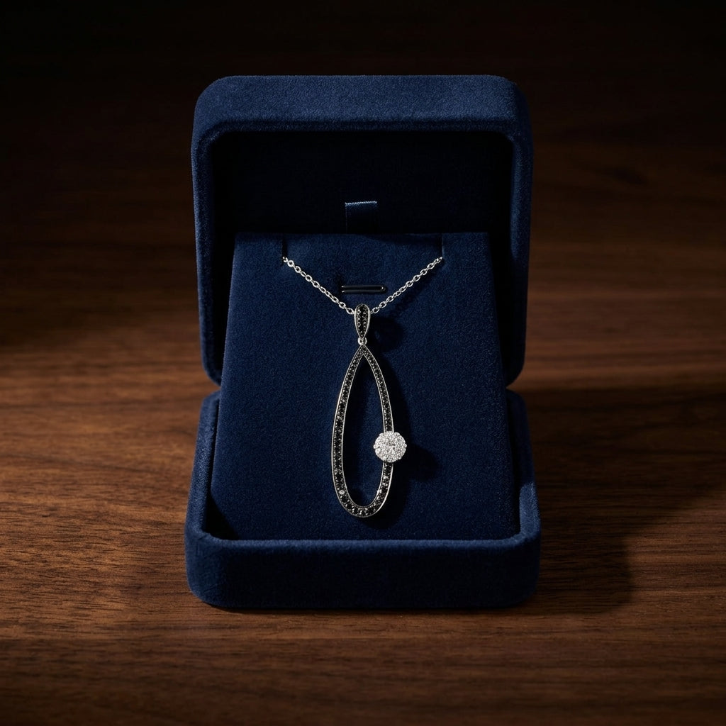 Black And White Diamond Long Tear Drop Pendant In 14k White Gold (si) — gift presentation