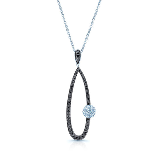 Black And White Diamond Long Tear Drop Pendant In 14k White Gold (si)