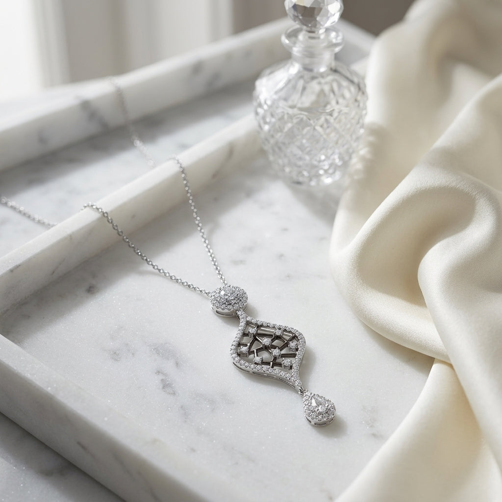 Diamond Open Weave Drop Pendant With Black Rhodium In 14k White Gold (si) — atelier still life