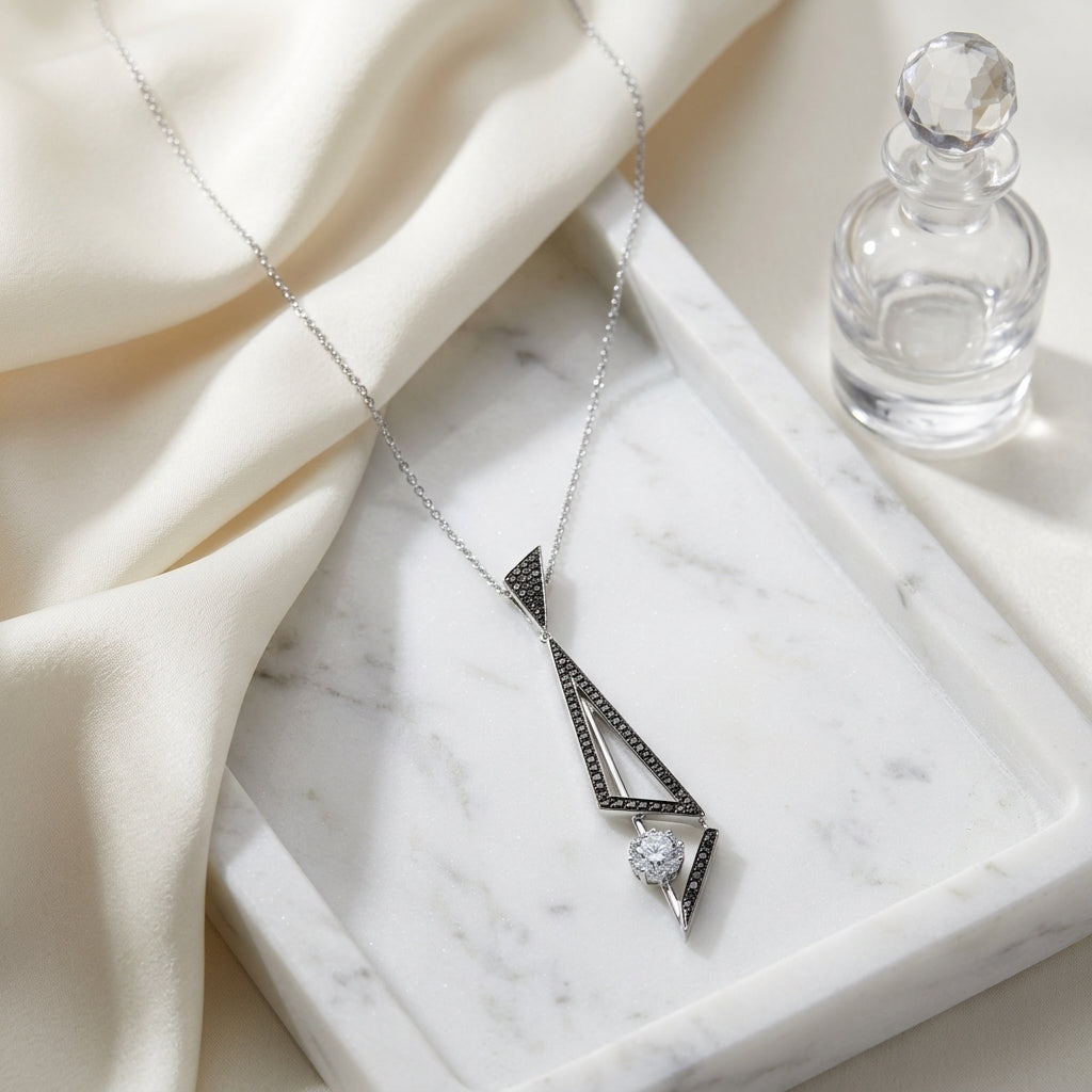 Black And White Diamond Elongated Triangles Pendant In 14k White Gold (si) — atelier still life