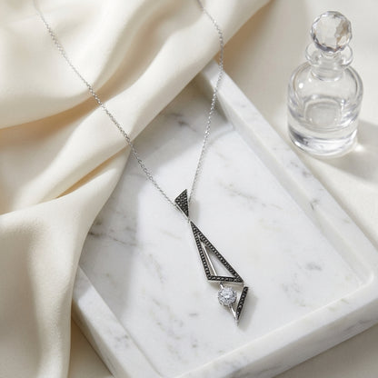 Black And White Diamond Elongated Triangles Pendant In 14k White Gold (si) — atelier still life