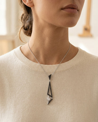 Black And White Diamond Elongated Triangles Pendant In 14k White Gold (si) — editorial close-up