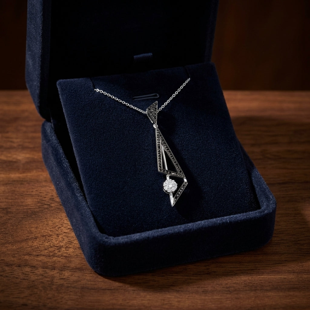 Black And White Diamond Elongated Triangles Pendant In 14k White Gold (si) — gift presentation