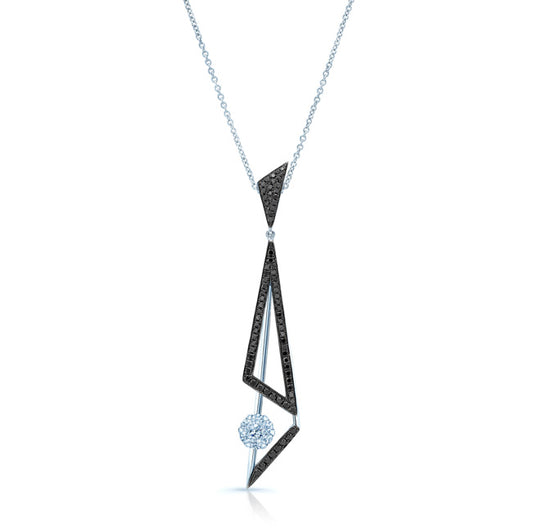 Black And White Diamond Elongated Triangles Pendant In 14k White Gold (si)