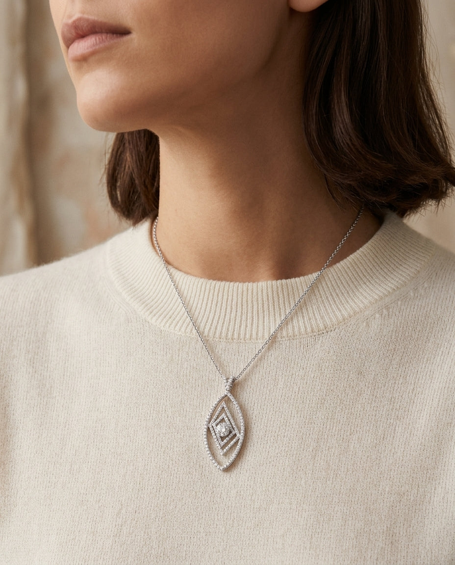 Diamond Marquise Pendant In 14k White Gold 18 Inch Length — editorial close-up
