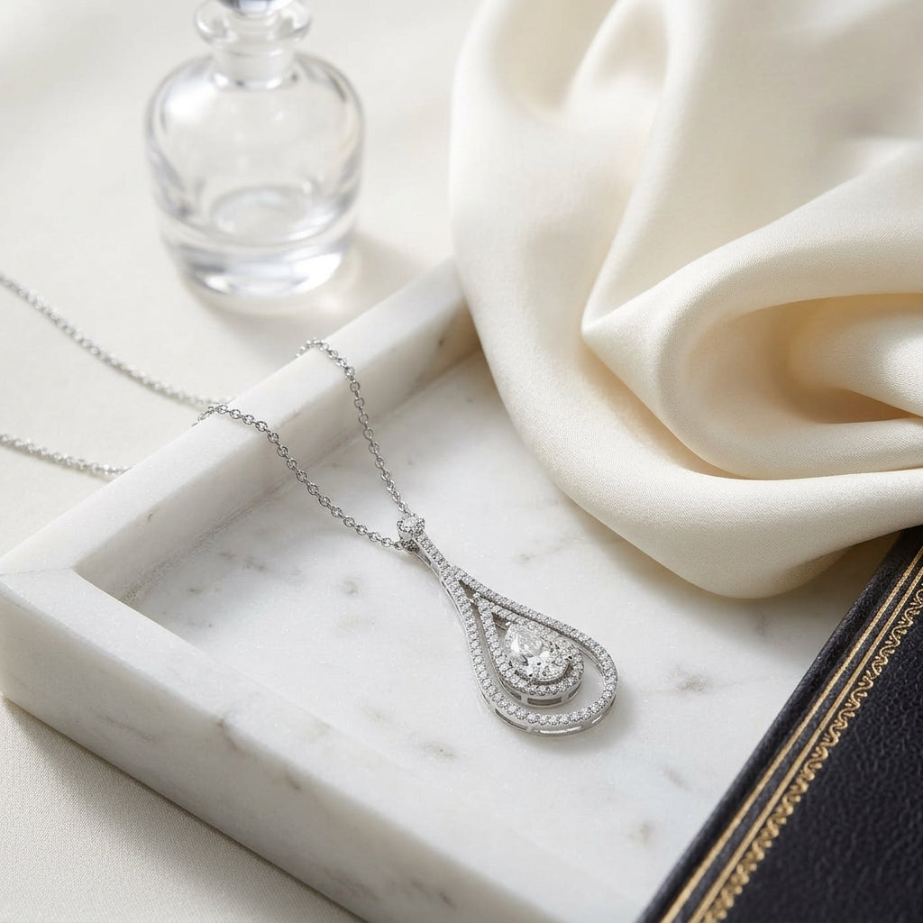 Diamond Double Elongated Tear Drop Pendant In 14k White Gold — atelier still life