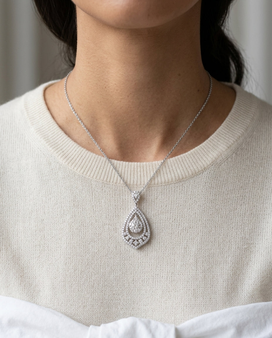 Diamond Open Teardrop Pendant With Cluster Center In 14k White Gold — editorial close-up