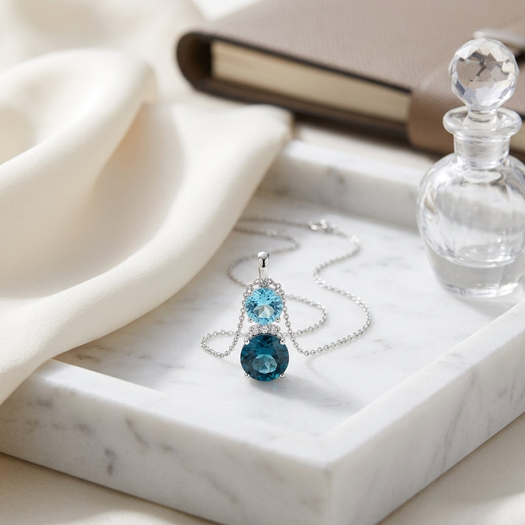 Blue Topaz And Diamond Pendant  In 14k White Gold — atelier still life