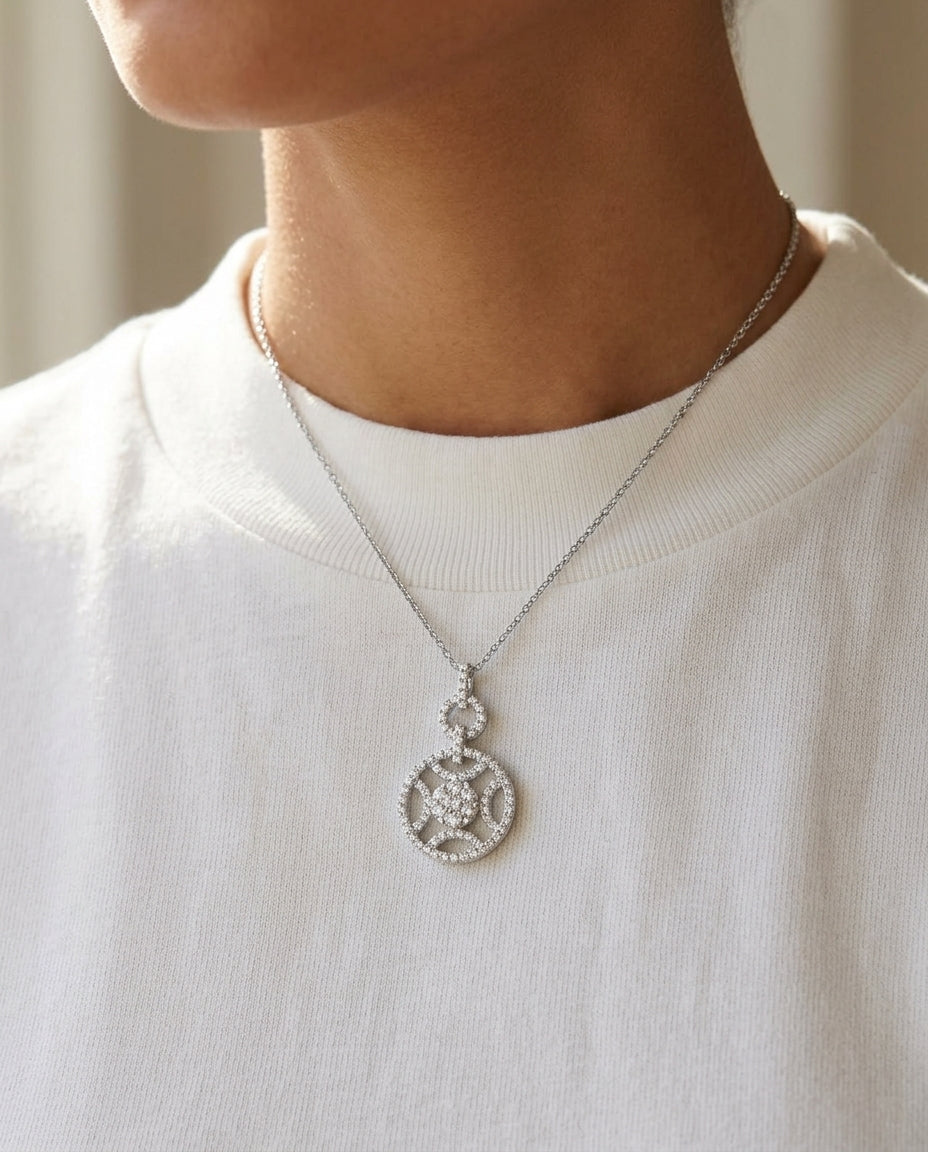 Diamond Circle And Arc Pendant In 14k White Gold — editorial close-up