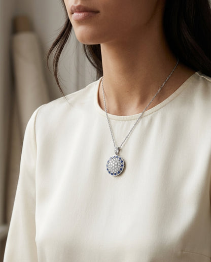 Sapphire And Diamond Antique Pendant In 14k White Gold — editorial close-up