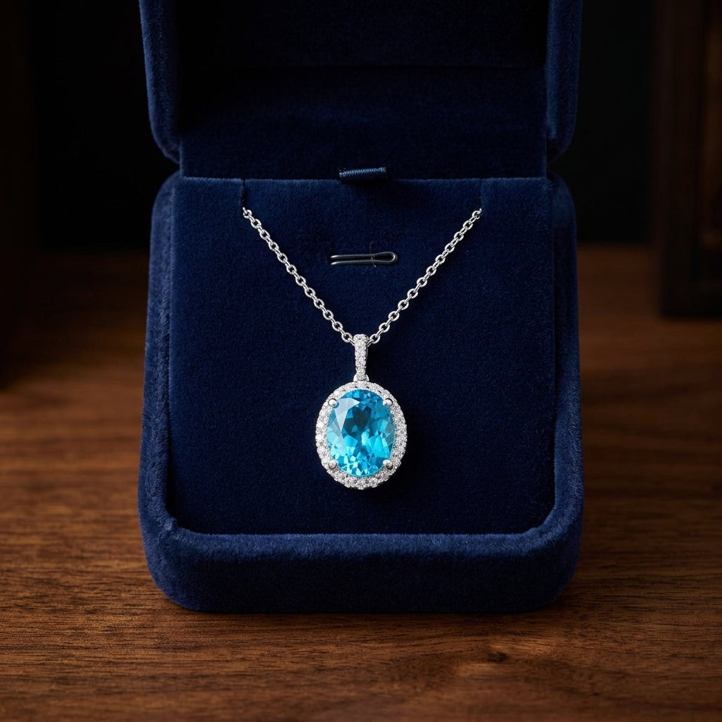Blue Topaz And Diamond Oval Halo Pendant In 14k White Gold (10x8mm) (hi / Si ) — gift presentation