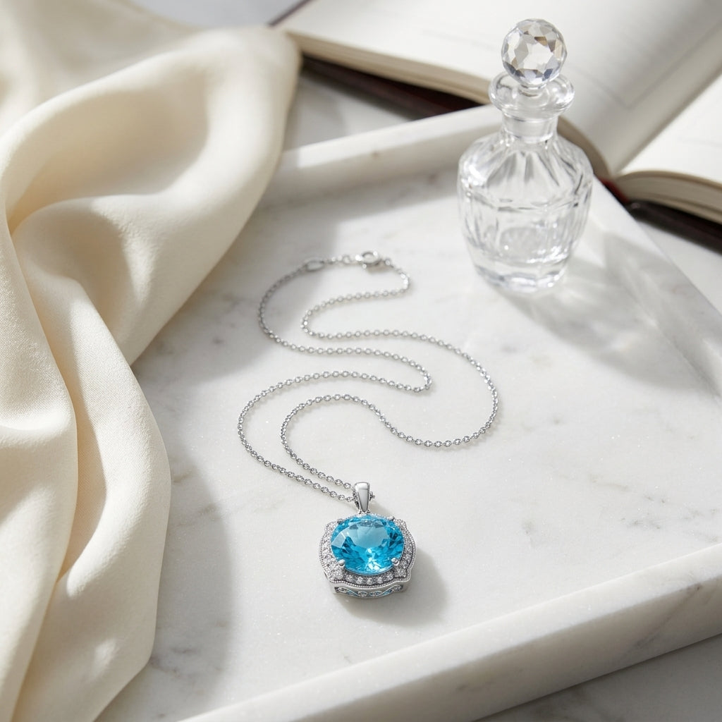 Blue Topaz And Diamond Round Halo Pinched Corner Pendant In 14k White Gold ( Hi / Si ) — atelier still life