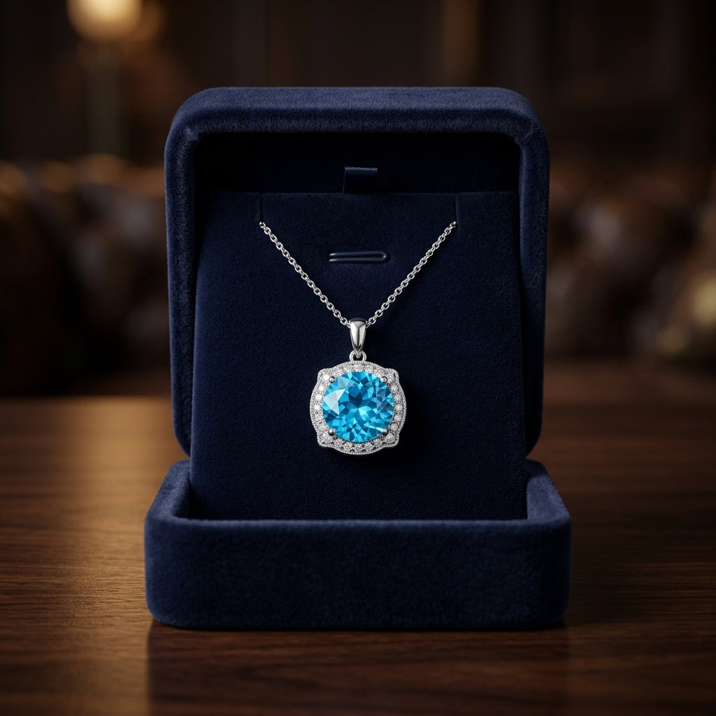 Blue Topaz And Diamond Round Halo Pinched Corner Pendant In 14k White Gold ( Hi / Si ) — gift presentation