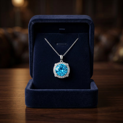 Blue Topaz And Diamond Round Halo Pinched Corner Pendant In 14k White Gold ( Hi / Si ) — gift presentation