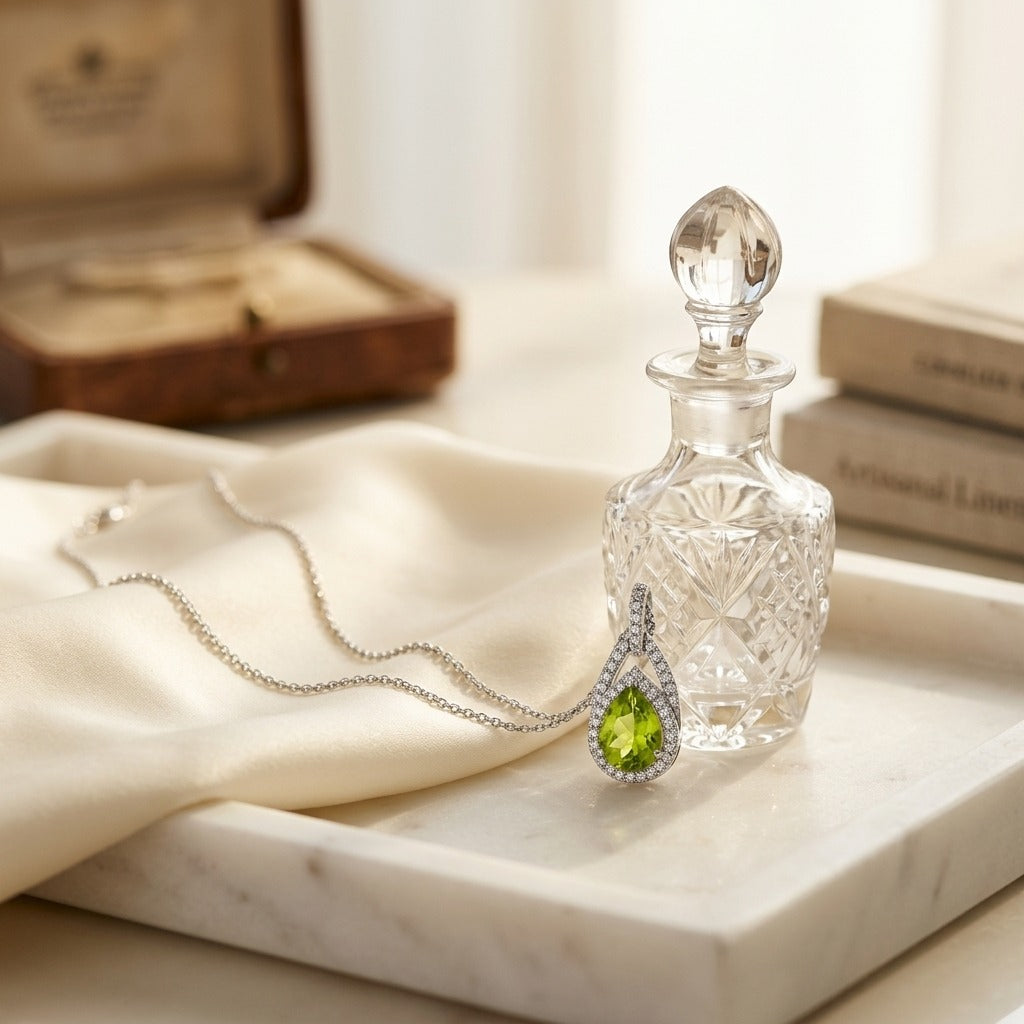 Peridot And Diamond Pendant In 14k White Gold (1/5 Ct.tw.) — marble silk