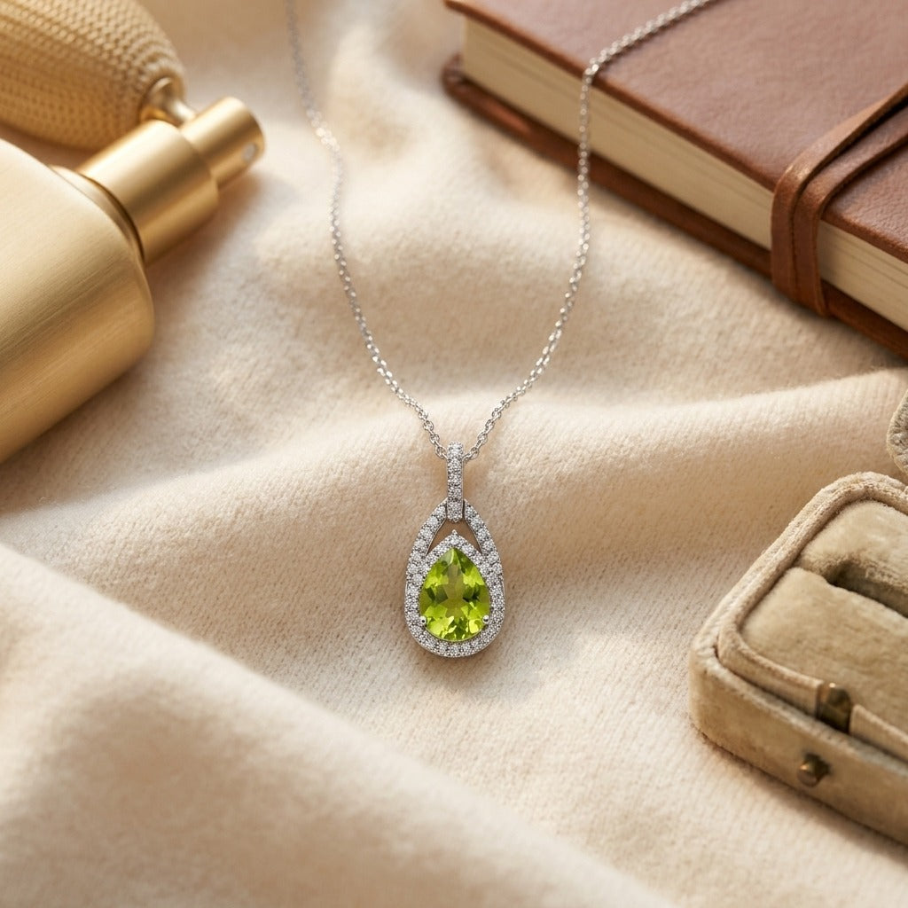 Peridot And Diamond Pendant In 14k White Gold (1/5 Ct.tw.) — textile flat lay