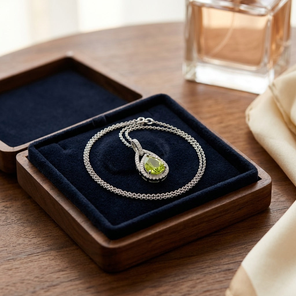 Peridot And Diamond Pendant In 14k White Gold (1/5 Ct.tw.) — velvet box