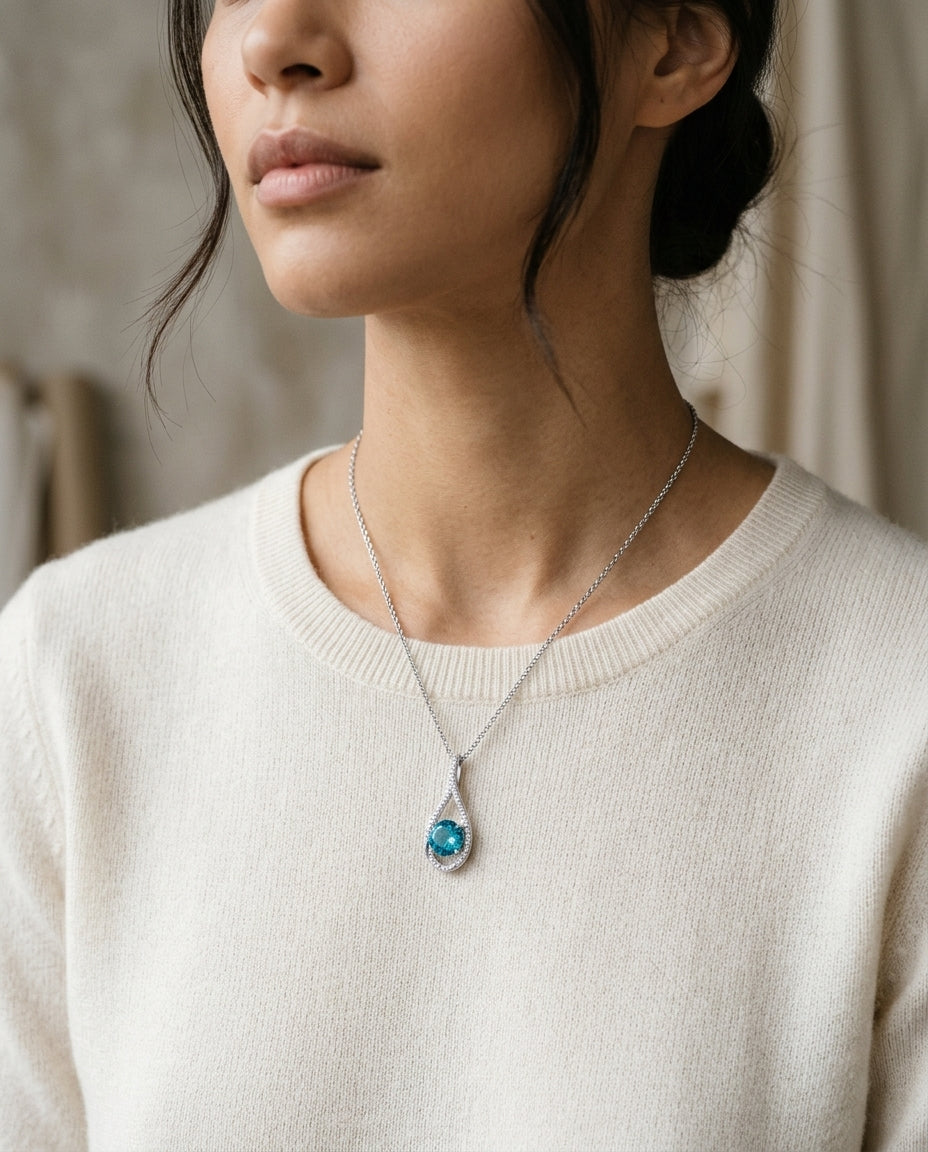Swiss Blue Topaz And Diamond Pave Pendant In 14k White Gold (1/5 Ct.tw.) — editorial close-up