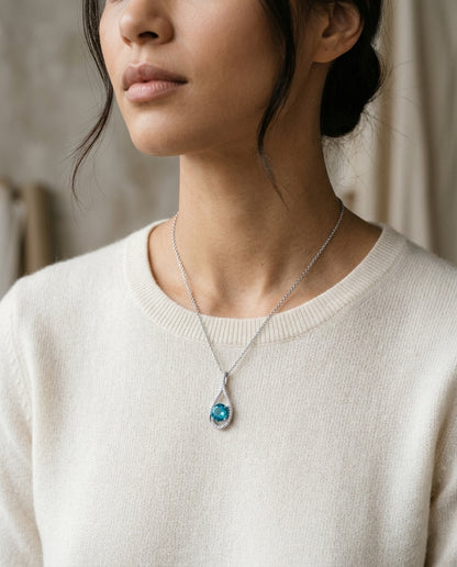 Swiss Blue Topaz And Diamond Pave Pendant In 14k White Gold (1/5 Ct.tw.) — editorial close-up
