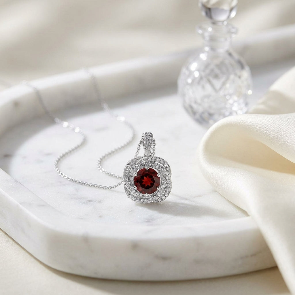 Garnet  And Diamond Halo Pendant In 14k White Gold (1/3 Ct.tw.) — atelier still life