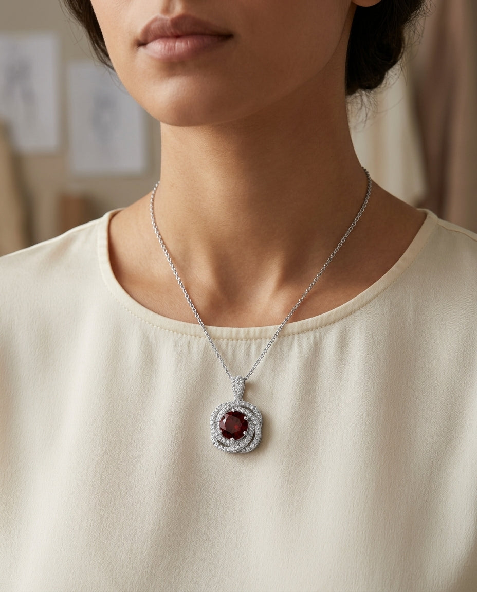 Garnet  And Diamond Halo Pendant In 14k White Gold (1/3 Ct.tw.) — editorial close-up